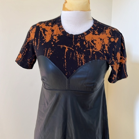 Zara medium black faux leather short sleeve asymmetrical dress. - Picture 3 of 11